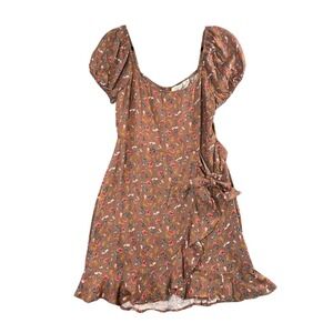Liberty Love Brown Floral Puff Sleeve Wrap Mini Dress L Boho Cottagecore